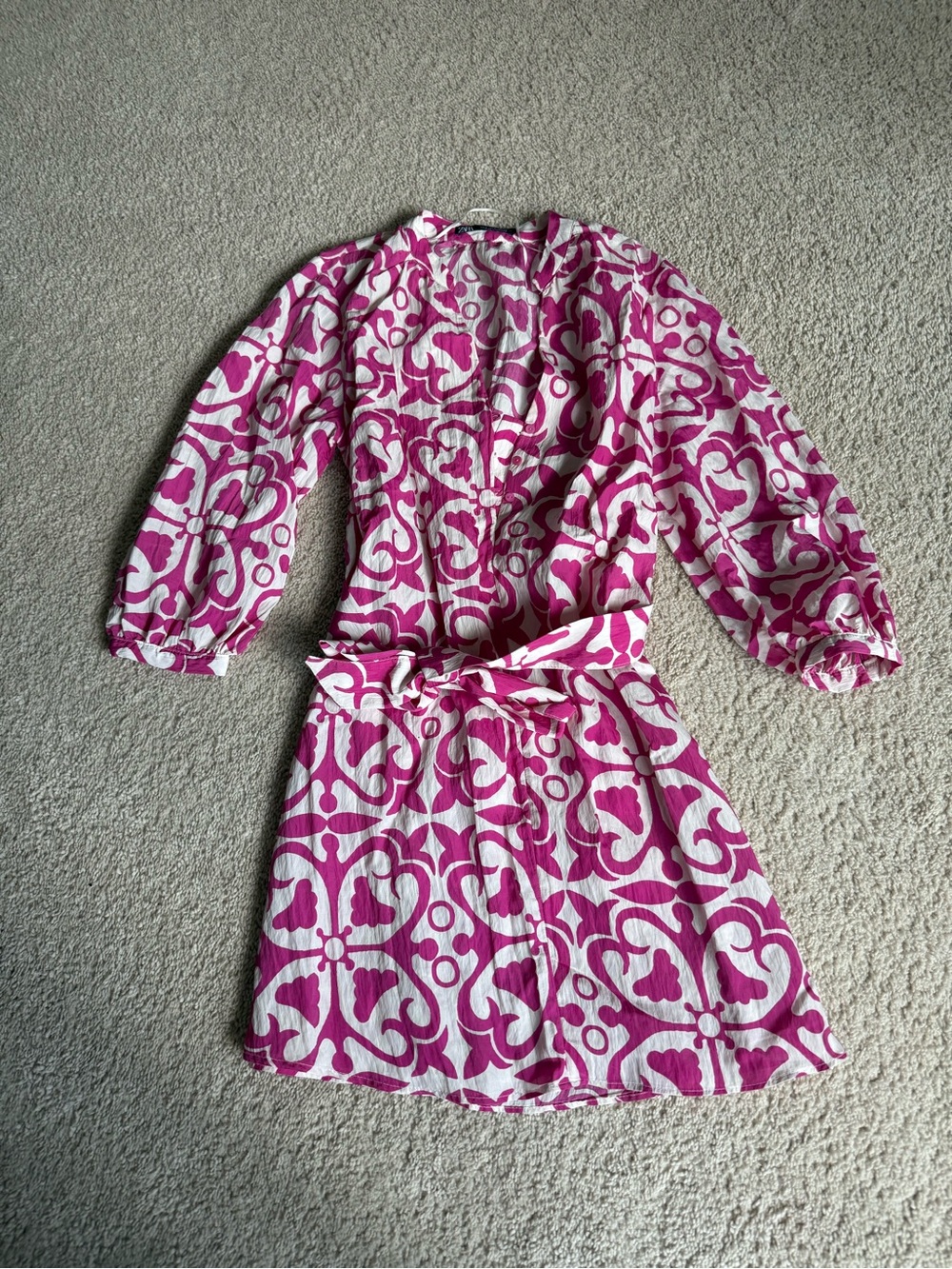 Zara Pink and White Patterned Long-Sleeve Dress with Tie Waist